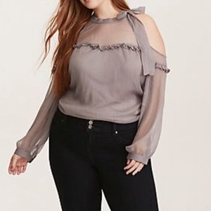 Chiffon Cold Shoulder Tie Neck Blouse